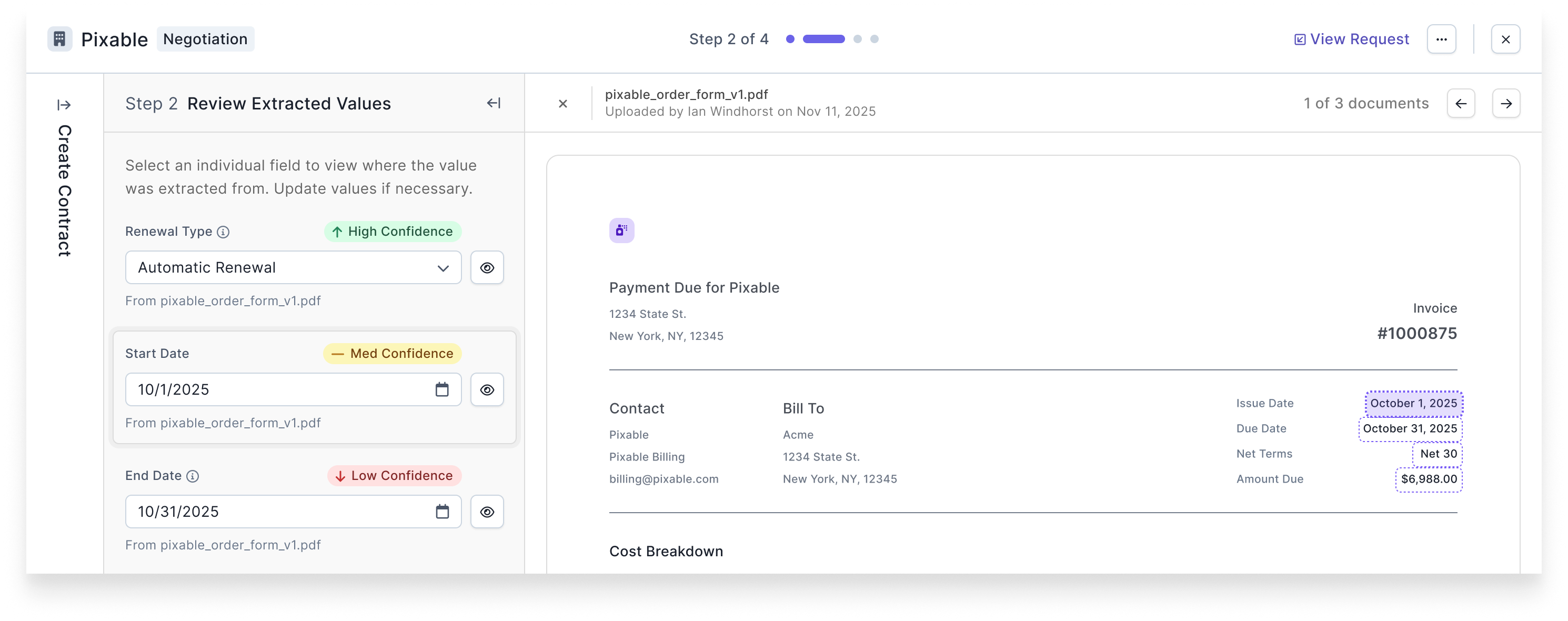 Screenshot of UI with AI confidence levels next to field values